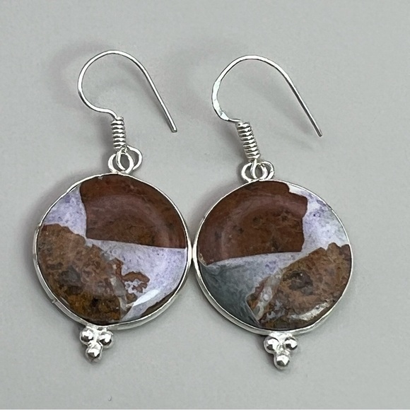 New Round Jasper Stone Silver Hook Earrings - Picture 2 of 5